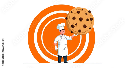 Confectioner Presenting Enormous Chocolate Chip Cookie With Orange And White Circle Background