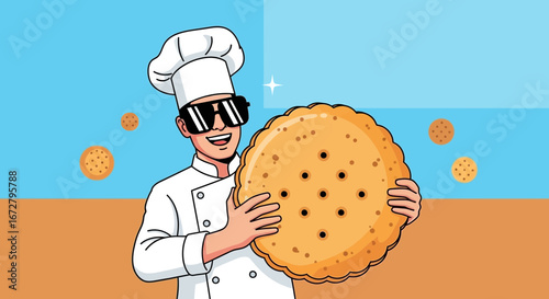 Confectioner's Joy: Chef with Gigantic Biscuit and Playful Cookie Illustrations