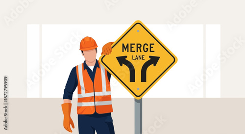 Construction Worker Holding A Merge Lane Sign In Front Of A White Background