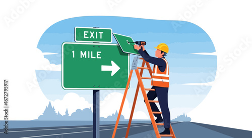Construction Worker Installing Road Sign Icon On Highway Illustrating Direction And Exit