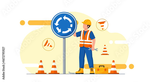 Construction Worker Installing Roundabout Sign With Safety Cones And Tool Box Illustration