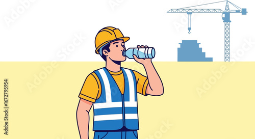 Construction Worker Taking A Break To Drink Water During Work, Building Site Concept