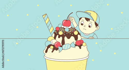 Child Eyeing Exquisite Sundae Illustration, Cartoonish Design, Food Composition