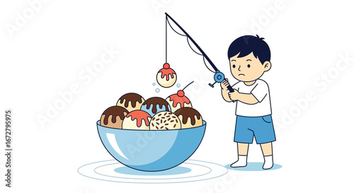 Child Fishing For Ice Cream Treats, Sweet Temptation Concept Illustrated Beautifully