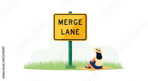 Contemplative Observer Gazing At a Merge Lane Sign Symbolic Of a Crossroads In Life