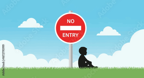 Contemplative Silhouette Under No Entry Sign In Open Air Environment Concept