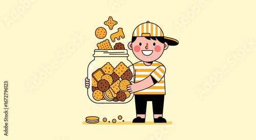 Child Holding Jar Full Of Cookies Illustration, Smiling And Looking Happy