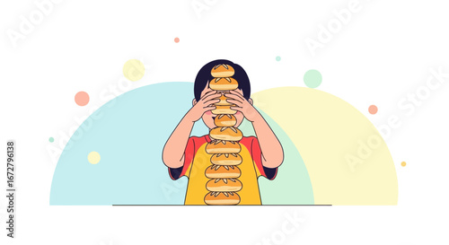Child Holding Tower Of Baked Goods, Playing Game With Food, Funny and Creative Illustration