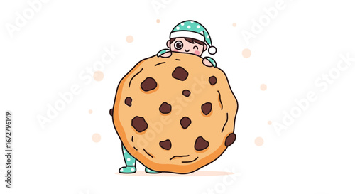 Child Hugging A Giant Chocolate Chip Cookie With Pajamas And Sleep Cap Illustration