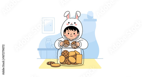 Child In A Rabbit Onesie Grasping Cookies From A Delicious Glass Jar Display
