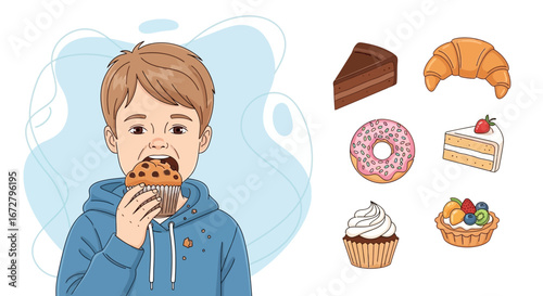 Child Indulging In Fresh Pastries And Sweets, Illustrated With Various Desserts