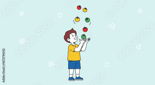 Child Merrily Dextrously Juggling Colorful Tomatoes Against Pastel Background