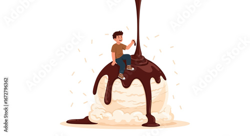 Child On Top Of A Giant Ice Cream Sundae Being Drizzled With Chocolate