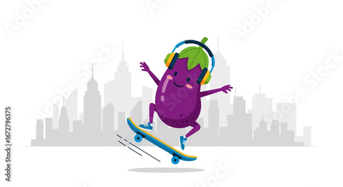 Cool Eggplant Character Enjoying Skateboarding Adventure in a Cityscape with Music