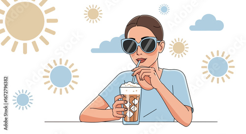 Cool Drink Enjoyment Demonstrates Summer Refreshment Perfectly, Illustration.