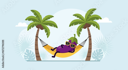 Cool Eggplant Relaxing In Hammock Between Palm Trees On A Sunny Tropical Island Vacation