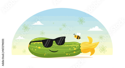 Cool Zucchini Wearing Sunglasses with a Happy Face and a Buzzing Bumblebee Cartoon