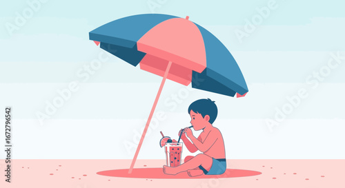 Child Relaxing Under Beach Umbrella, Enjoying Refreshing Drink on a Sunny Day