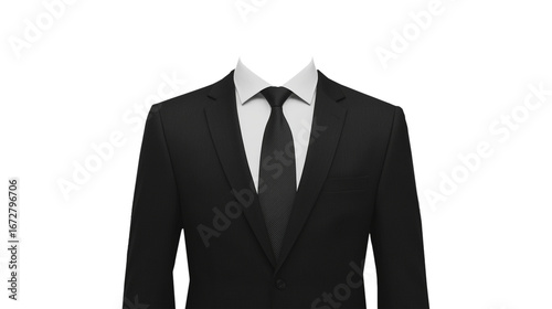a man's formal black suit, presented as a passport photo clothing cutout or photo montage template