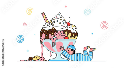 Child Striving To Reach A Tower of Sweet Ice Cream Sundae With Delightful Design