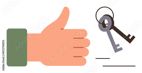 Thumbs-up gesture beside keys on a ring, conveying approval, success, ownership, or opportunity. Ideal for concept of agreement, trust, achievement, decision-making real estate rental simple flat