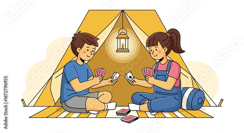 Children Playing Cards Together Inside Tent, Happy Camping and Leisure Activity
