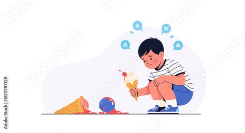 Child's Disappointment Over Spilled Ice Cream, Cartoon Illustration Depicting Frustration
