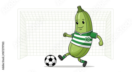 Courgette Athlete Kicking Soccer Ball Towards Goal, Cartoon Illustration On White Background