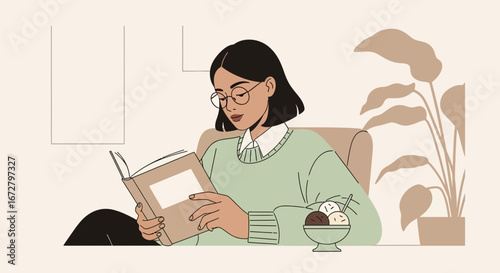 Cozy Afternoon Reading Woman Enjoying Book With Ice Cream in Relaxed Setting