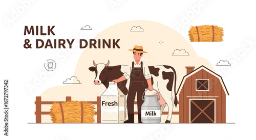 Cow, Farmer, Milk, Hay, And Barn Illustrate Dairy Agriculture And Freshness