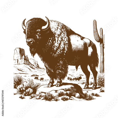Majestic Bison Standing in Mountain Valley – Wildlife Nature Illustration