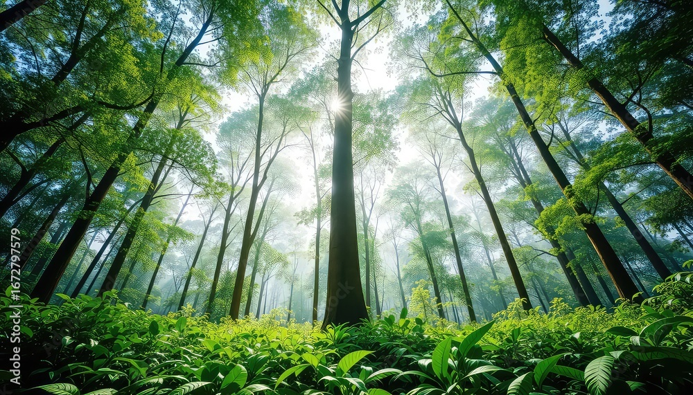 Fototapeta premium Sunlight filtering through lush trees of the forest canopy, vibrant foliage covering the ground below, a serene and healthy ecosystem.