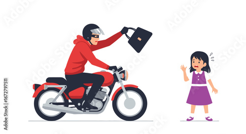 Cartoon Scene of a Robber on a Motorcycle Snatching a Bag from a Girl