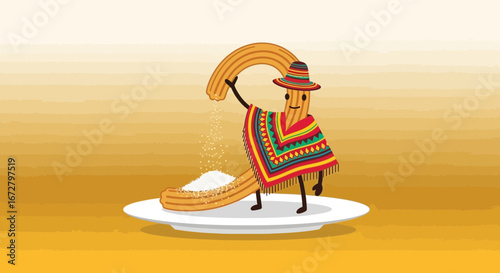 Churro Character Sprinkling Sugar Onto Fresh Baked Churros With Mexican Poncho