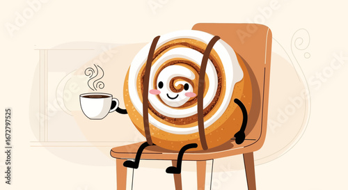 Cinnamon Roll Personification Enjoying Coffee And Sitting On A Simple Wooden Chair Design