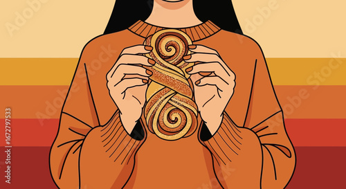 Cinnamon Roll Held By A Person's Hands In Aesthetic Style With Autumnal Colors