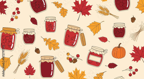 Cozy Autumnal Harvest Display Featuring Jars of Preserves and Fall Foliage Delightful