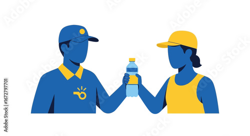 Coach Offering Water Bottle To An Athlete In Minimalist And Modern Flat Illustration Style