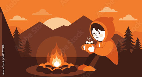 Cozy Evening Camping Scene: Enjoying Hot Drink By Fireplace And Mountains View