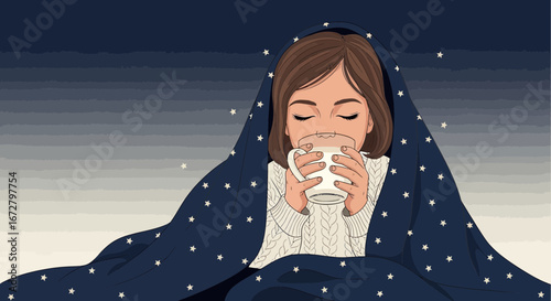 Cozy Evening: Woman Wrapped In Blanket, Drinking Coffee, Under The Starry Sky