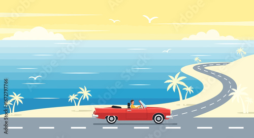 Coastal Drive Adventure Depicting Classic Red Convertible Traveling a Scenic Route Beside the Ocean