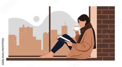 Cozy Moment: Woman Absorbed In Reading And Enjoying A Hot Beverage By The Window