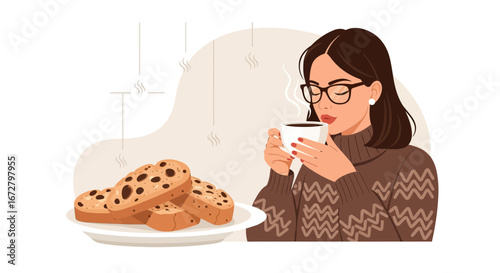Cozy Morning Moment: Enjoying Coffee And Biscotti, Smiling And Relaxing At Home