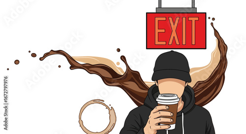 Coffee Break Before The Exit: Modern Graphic Depicting a Coffee Enthusiast's Escape