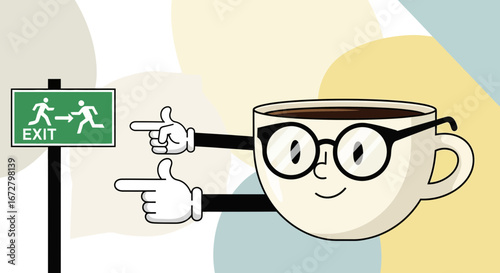 Coffee Cup Character Directing People Towards Exit Sign With Animated Appeal