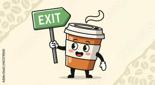 Coffee Cup Mascot Offers Exit Sign In Charming And Playful Cartoon Representation