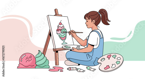 Creative Art Of Sweet Dessert: A Young Artist Painting Delicious Ice Cream Sundae