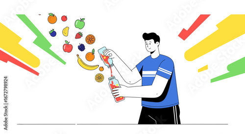 Creating Vibrant Fruit Juices: A Person's Healthy Lifestyle and Fresh Ingredients Illustration