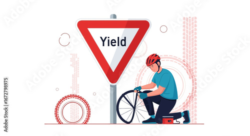 Cyclist Fixing Bicycle Wheel Near Yield Sign After Puncture Illustrated Vector Design