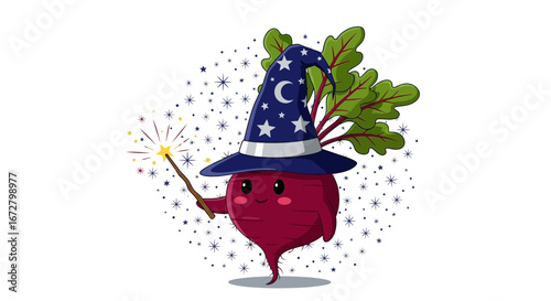 Creative Beet Wizard Conjuring Magic Spells with Smiling Expression and Whimsical Magical Elements